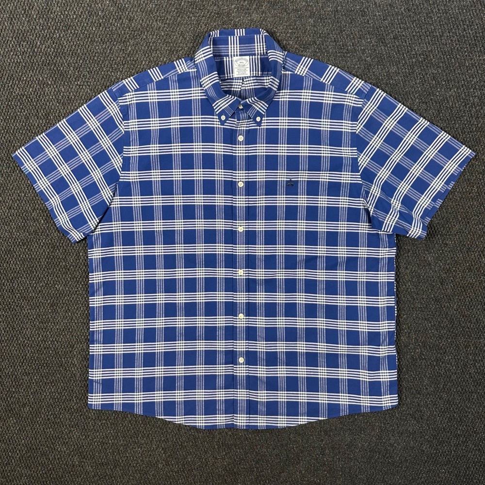Brooks Brothers Short Sleeve Button Down Men XXL Regular Stretch Fit Blue Plaid